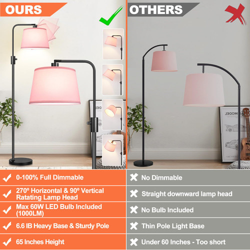 【Upgraded】 Dimmable Floor Lamp, 1000 Lumens LED Edison Bulb Included, Arc Black Floor Lamps for Living Room Modern Standing Lamp with Pink Shade, Tall Lamps for Living Room Bedroom Office Dining Room