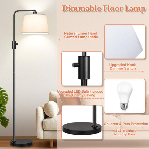 【Upgraded】 Dimmable Floor Lamp, 1000 Lumens LED Edison Bulb Included, Arc Black Floor Lamps for Living Room Modern Standing Lamp with White Shade, Tall Lamps for Living Room Bedroom Office Dining Room