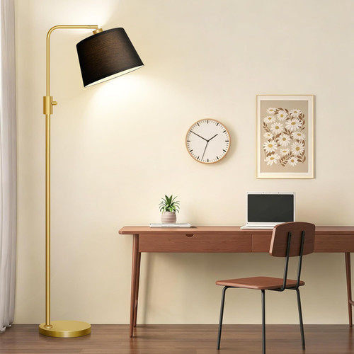 Dimmable Gold Floor Lamp, 1000 LM LED Edison Bulb Included, Arc Floor Lamps for Living Room with Black Shade, Modern Standing Lamp Tall Lamps for Living Room Bedroom