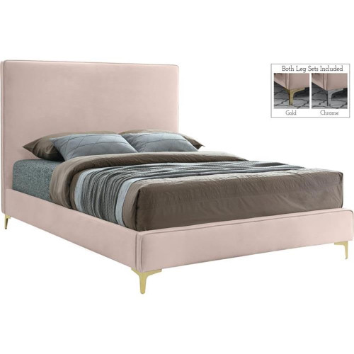 GeriPink-F Geri Collection Modern | Contemporary Velvet Upholstered Bed with Piping on Headboard and Foorboard, Gold or Chrome Finish, 59.5" W x 81.7" D x 53" H, Full, Pink