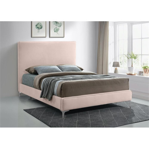 GeriPink-F Geri Collection Modern | Contemporary Velvet Upholstered Bed with Piping on Headboard and Foorboard, Gold or Chrome Finish, 59.5" W x 81.7" D x 53" H, Full, Pink