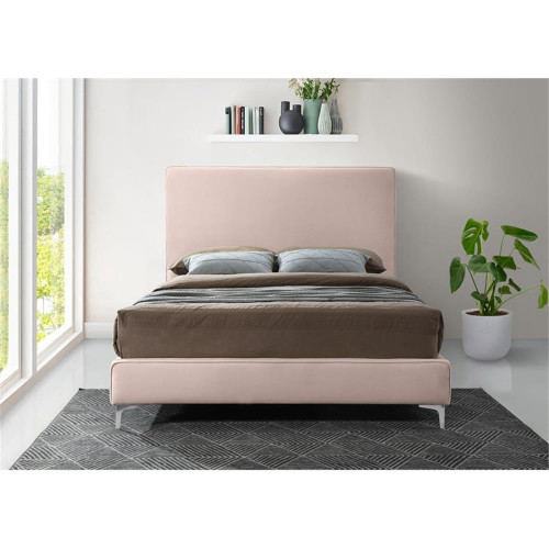 GeriPink-F Geri Collection Modern | Contemporary Velvet Upholstered Bed with Piping on Headboard and Foorboard, Gold or Chrome Finish, 59.5" W x 81.7" D x 53" H, Full, Pink