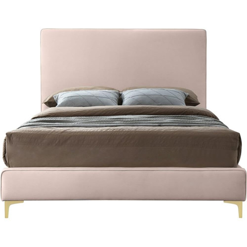 Geri Collection Modern | Contemporary Velvet Upholstered Bed with Piping on Headboard and Foorboard in Gold or Chrome Finish, King, Pink