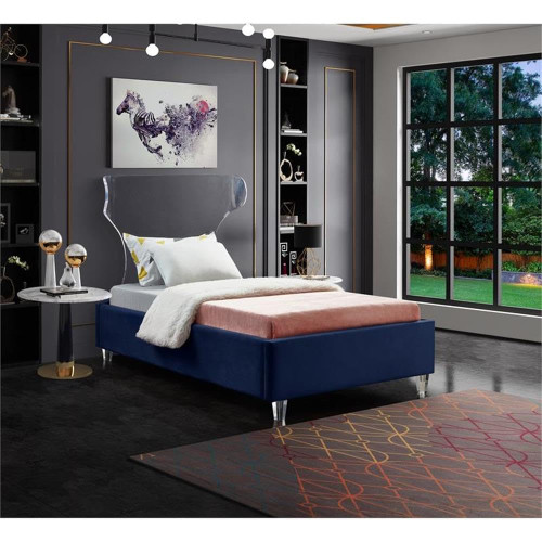 GhostNavy-T Ghost Collection Modern | Contemporary Velvet Upholstered Twin Bed, Acrylic Headboard/Legs, Slats, 44" W x 81" D x 50" H, Navy, Twin