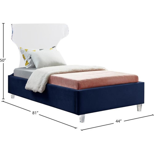 GhostNavy-T Ghost Collection Modern | Contemporary Velvet Upholstered Twin Bed, Acrylic Headboard/Legs, Slats, 44" W x 81" D x 50" H, Navy, Twin