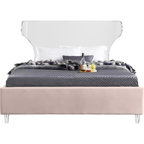 GhostPink-K Ghost Collection Modern | Contemporary Velvet Upholstered King Bed, Acrylic Headboard/Legs, Slats, 81" W x 86.5" D x 50" H, Pink, King