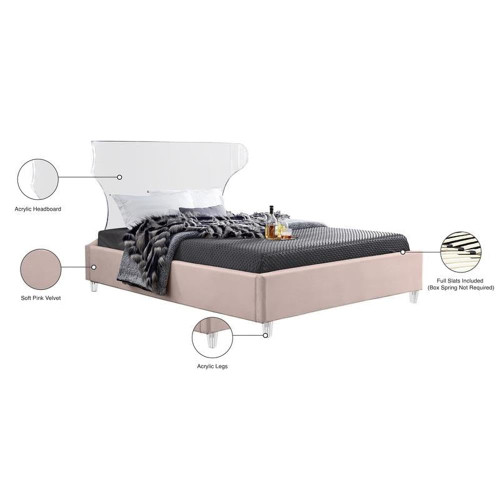 GhostPink-K Ghost Collection Modern | Contemporary Velvet Upholstered King Bed, Acrylic Headboard/Legs, Slats, 81" W x 86.5" D x 50" H, Pink, King