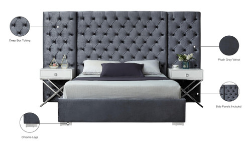 Grande Collection Modern | Contemporary Velvet Upholstered Bed with Luxurious Deep Button Tufting and Stainless Steel Legs in Polished Chrome Finish, Grey, Queen