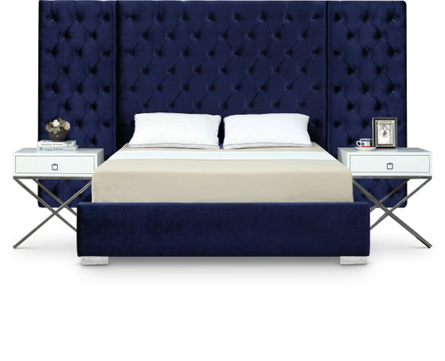 Grande Collection Modern | Contemporary Velvet Upholstered Bed with Luxurious Deep Button Tufting and Stainless Steel Legs in Polished Chrome Finish, Navy, Queen