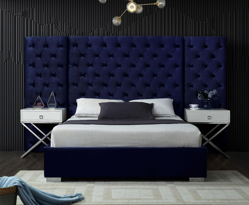Grande Collection Modern | Contemporary Velvet Upholstered Bed with Luxurious Deep Button Tufting and Stainless Steel Legs in Polished Chrome Finish, Navy, Queen