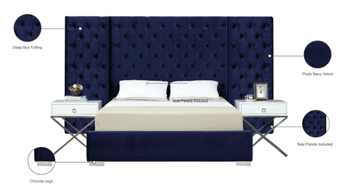 Grande Collection Modern | Contemporary Velvet Upholstered Bed with Luxurious Deep Button Tufting and Stainless Steel Legs in Polished Chrome Finish, Navy, Queen