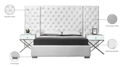 Grande Collection Modern | Contemporary Velvet Upholstered Bed with Luxurious Deep Button Tufting and Stainless Steel Legs in Polished Chrome Finish, White, Queen