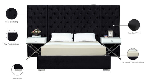 Grande Collection Modern | Contemporary Velvet Upholstered Bed with Luxurious Deep Button Tufting and Stainless Steel Legs in Polished Chrome Finish, Black, King