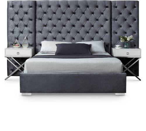 Grande Collection Modern | Contemporary Velvet Upholstered Bed with Luxurious Deep Button Tufting and Stainless Steel Legs in Polished Chrome Finish, Grey, King