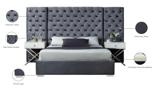 Grande Collection Modern | Contemporary Velvet Upholstered Bed with Luxurious Deep Button Tufting and Stainless Steel Legs in Polished Chrome Finish, Grey, King