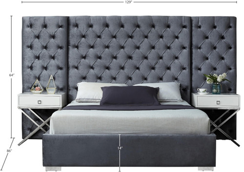 Grande Collection Modern | Contemporary Velvet Upholstered Bed with Luxurious Deep Button Tufting and Stainless Steel Legs in Polished Chrome Finish, Grey, King