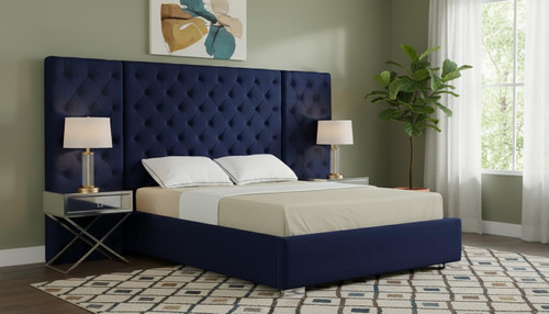 Grande Collection Modern | Contemporary Velvet Upholstered Bed with Luxurious Deep Button Tufting and Stainless Steel Legs in Polished Chrome Finish, Navy, King
