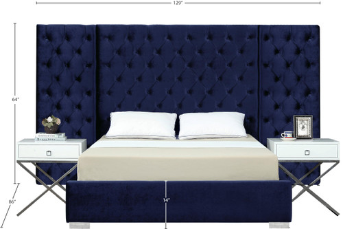 Grande Collection Modern | Contemporary Velvet Upholstered Bed with Luxurious Deep Button Tufting and Stainless Steel Legs in Polished Chrome Finish, Navy, King