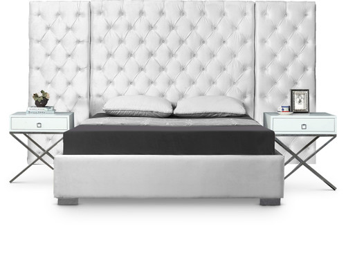 Grande Collection Modern | Contemporary Velvet Upholstered Bed with Luxurious Deep Button Tufting and Stainless Steel Legs in Polished Chrome Finish, White, King