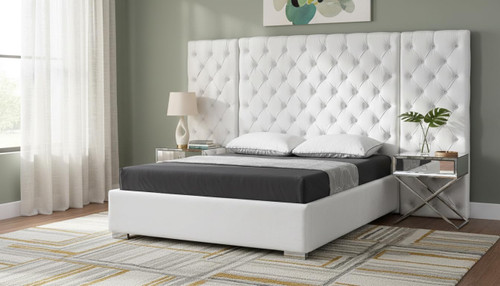 Grande Collection Modern | Contemporary Velvet Upholstered Bed with Luxurious Deep Button Tufting and Stainless Steel Legs in Polished Chrome Finish, White, King