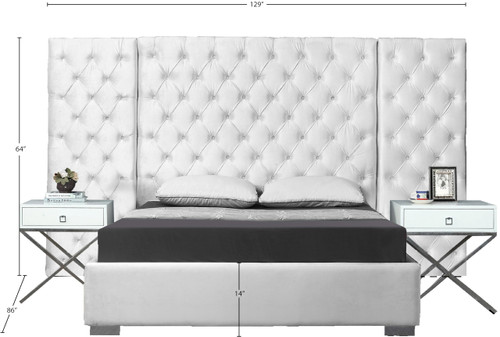 Grande Collection Modern | Contemporary Velvet Upholstered Bed with Luxurious Deep Button Tufting and Stainless Steel Legs in Polished Chrome Finish, White, King