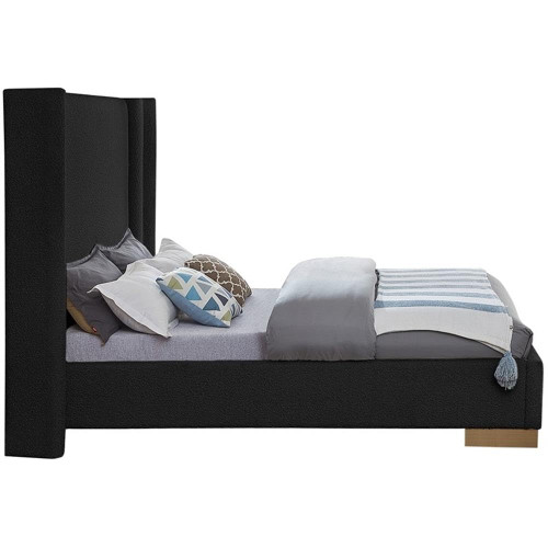 HaltonBlack-Q Halton Collection Modern | Contemporary Boucle Fabric Upholstered Queen Bed, Rich Black Boucle Fabric, Brushed Gold Metal Base, 78" W x 86.5" D x 65" H, Black, Queen