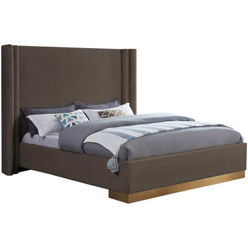 HaltonBrown-Q Halton Collection Modern | Contemporary Boucle Fabric Upholstered Queen Bed, Rich Brown Boucle Fabric, Brushed Gold Metal Base, 78" W x 86.5" D x 65" H, Brown, Queen