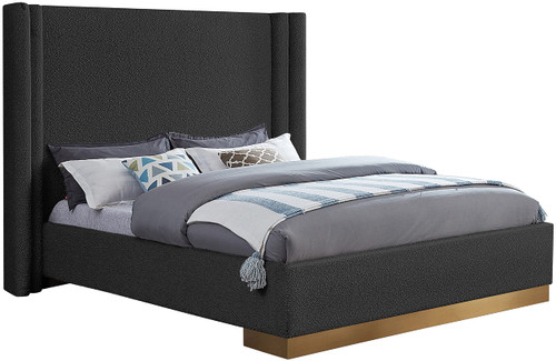 HaltonBlack-K Halton Collection Modern | Contemporary Boucle Fabric Upholstered King Bed, Rich Black Boucle Fabric, Brushed Gold Metal Base, 94" W x 86.5" D x 65" H, Black, King