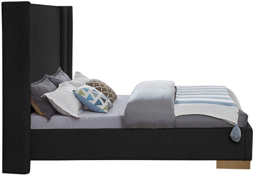 HaltonBlack-K Halton Collection Modern | Contemporary Boucle Fabric Upholstered King Bed, Rich Black Boucle Fabric, Brushed Gold Metal Base, 94" W x 86.5" D x 65" H, Black, King