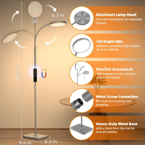 Floor Lamp, Adjustable Height Floor Lamps for Living Room Bedroom, 120 LED Super Bright Standing Lamp Remote Control Dimmable Gooseneck Tall Stand Reading Lamp for Office Craft, Matte Gray