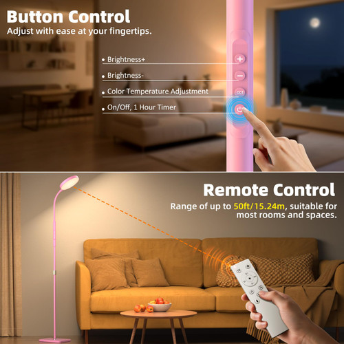 Floor Lamp, Adjustable Height Floor Lamps for Living Room Bedroom, 120 LED Super Bright Standing Lamp Remote Control Dimmable Gooseneck Tall Stand Reading Lamp for Office Craft, Pink