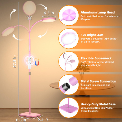 Floor Lamp, Adjustable Height Floor Lamps for Living Room Bedroom, 120 LED Super Bright Standing Lamp Remote Control Dimmable Gooseneck Tall Stand Reading Lamp for Office Craft, Pink