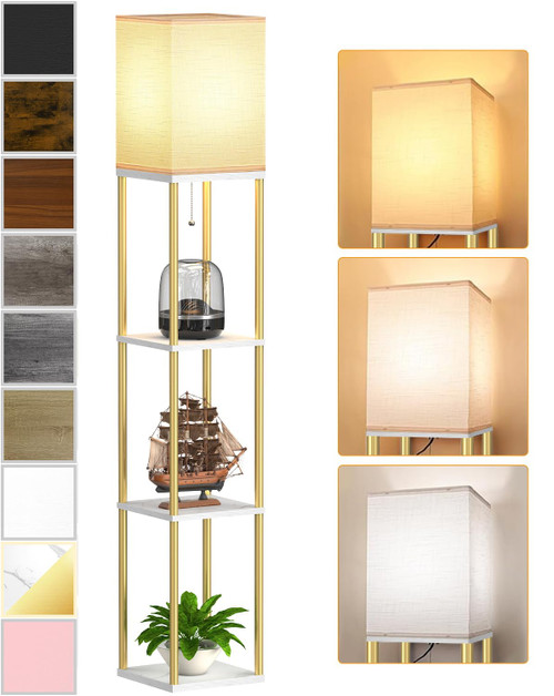 Floor Lamp with Shelves, Modern Corner Display Standing Column Shelf Lamp Etagere Organizer Tower Nightstand with White Linen Shade for Living Room, Bedroom and Office, Marble White and Gold Poles