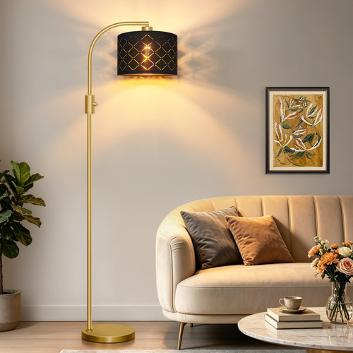 Dimmable Floor Lamp, 1200 Lumens LED Edison Bulb Included, Arc Gold Floor Lamps for Living Room Modern Standing Lamp with Black Grid Shade