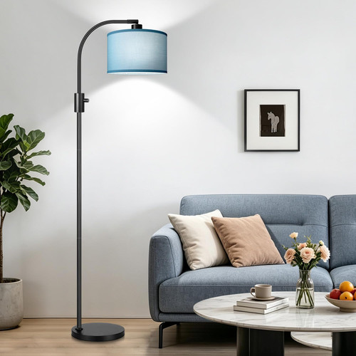 Dimmable Black Floor Lamp, 1200 Lumens LED Edison Bulb Included, Arc Gold Floor Lamps for Living Room Modern Standing Lamp with Sky Blue Shade