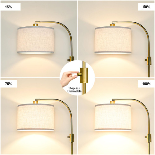 Upgraded Modern Arc Dimmable Tall Standing Floor Lamp with Linen Shade, 1200 Lumens LED Bulb Included, for Living & Reading Room, Bedroom, Office & Nursery, Brass