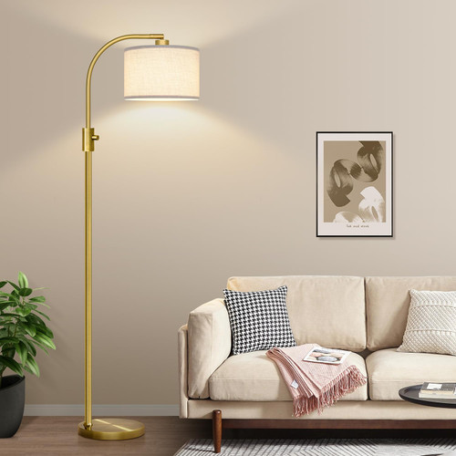 Upgraded Modern Arc Dimmable Tall Standing Floor Lamp with Linen Shade, 1200 Lumens LED Bulb Included, for Living & Reading Room, Bedroom, Office & Nursery, Brass