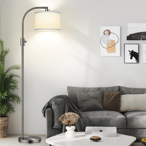 Upgraded Modern Arc Dimmable Tall Standing Floor Lamp with Linen Shade, 1200 Lumens LED Bulb Included, for Living & Reading Room, Bedroom, Office & Nursery, Brushed Nickel