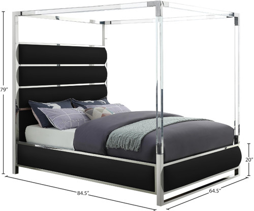 Encore Collection Modern | Contemporary Faux Leather Upholstered, Acrylic and Chrome Canopy Bed, Queen, Black