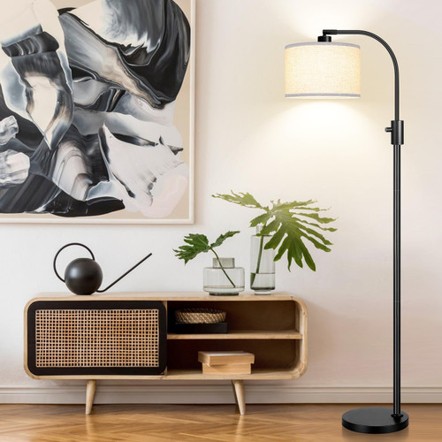 Upgraded Modern Arc Dimmable Tall Standing Floor Lamp with Linen Shade, 1200 Lumens LED Bulb Included, for Living & Reading Room, Bedroom, Office & Nursery, Matte Black