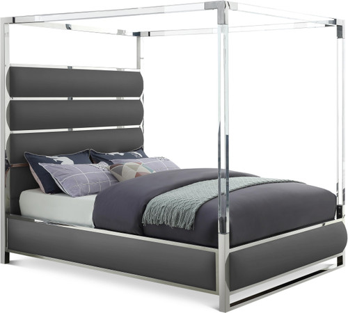 Encore Collection Modern | Contemporary Faux Leather Upholstered, Acrylic and Chrome Canopy Bed, Queen, Grey