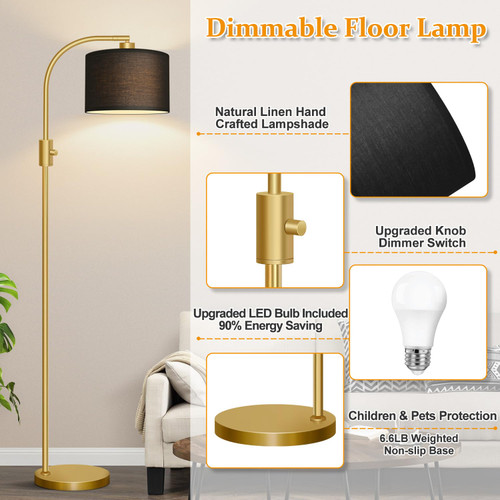 Upgraded Modern Arc Dimmable Tall Standing Floor Lamp with Black Shade, 1200 Lumens LED Bulb Included, for Living & Reading Room, Bedroom, Office & Nursery, Gold