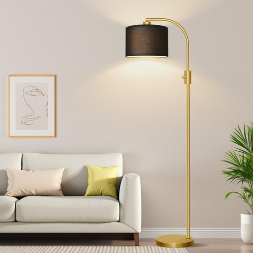 Upgraded Modern Arc Dimmable Tall Standing Floor Lamp with Black Shade, 1200 Lumens LED Bulb Included, for Living & Reading Room, Bedroom, Office & Nursery, Gold
