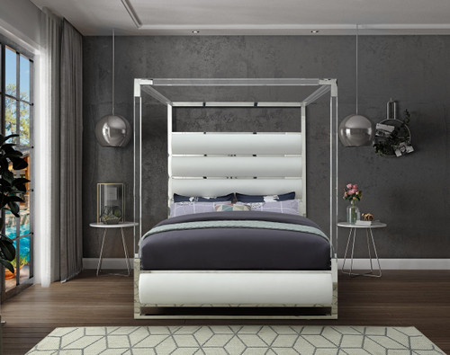 Encore Collection Modern | Contemporary Faux Leather Upholstered, Acrylic and Chrome Canopy Bed, Queen, White