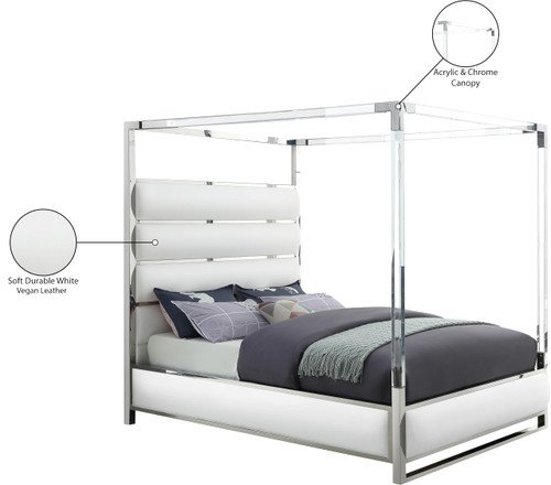 Encore Collection Modern | Contemporary Faux Leather Upholstered, Acrylic and Chrome Canopy Bed, Queen, White