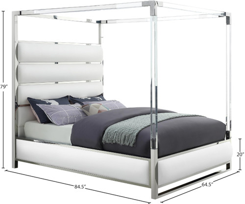 Encore Collection Modern | Contemporary Faux Leather Upholstered, Acrylic and Chrome Canopy Bed, Queen, White