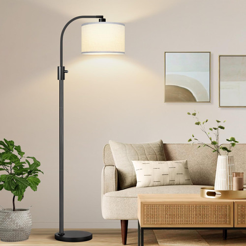Upgraded Modern Arc Dimmable Tall Standing Floor Lamp with White Shade, 1200 Lumens LED Bulb Included, for Living & Reading Room, Bedroom, Office & Nursery, Black