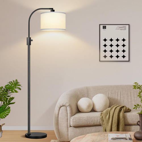 Upgraded Modern Arc Dimmable Tall Standing Floor Lamp with White Shade, 1200 Lumens LED Bulb Included, for Living & Reading Room, Bedroom, Office & Nursery, Black