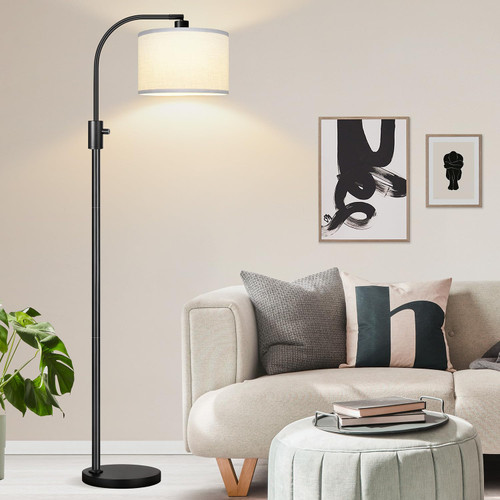 Upgraded Modern Arc Dimmable Tall Standing Floor Lamp with White Shade, 1200 Lumens LED Bulb Included, for Living & Reading Room, Bedroom, Office & Nursery, Black