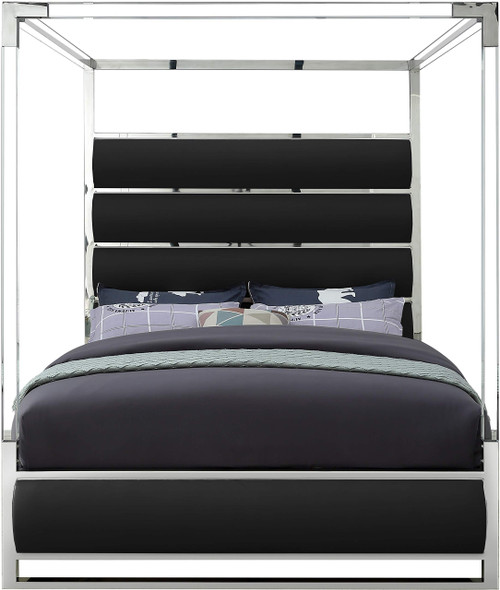 Encore Collection Modern | Contemporary Faux Leather Upholstered, Acrylic and Chrome Canopy Bed, King, Black